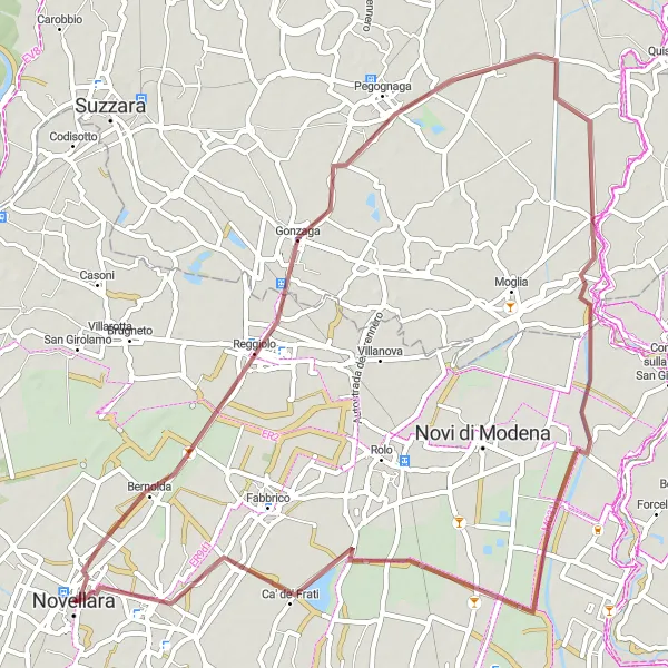 Miniaturní mapa "Gravelová cyklotrasa Reggiolo - Pegognaga - Gerra - Ca' de' Frati - Campagnola Emilia" inspirace pro cyklisty v oblasti Emilia-Romagna, Italy. Vytvořeno pomocí plánovače tras Tarmacs.app