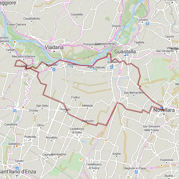 Miniatua del mapa de inspiración ciclista "Ruta de Novellara a Gualtieri por caminos de grava" en Emilia-Romagna, Italy. Generado por Tarmacs.app planificador de rutas ciclistas