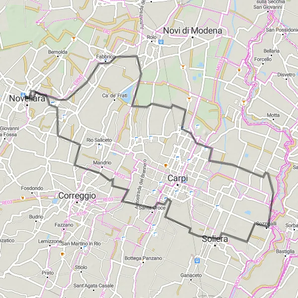 Miniatua del mapa de inspiración ciclista "Ruta de Novellara a Campagnola Emilia" en Emilia-Romagna, Italy. Generado por Tarmacs.app planificador de rutas ciclistas