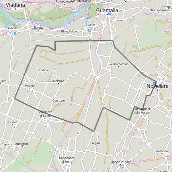Miniatua del mapa de inspiración ciclista "Ruta Escénica a Castelnovo di Sotto" en Emilia-Romagna, Italy. Generado por Tarmacs.app planificador de rutas ciclistas