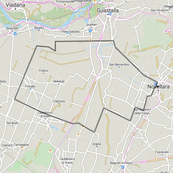 Miniaturní mapa "Okružní cyklistická trasa Novellara - Castelnovo di Sotto - Pieve Saliceto - Rocca dei Gonzaga di Novellara" inspirace pro cyklisty v oblasti Emilia-Romagna, Italy. Vytvořeno pomocí plánovače tras Tarmacs.app