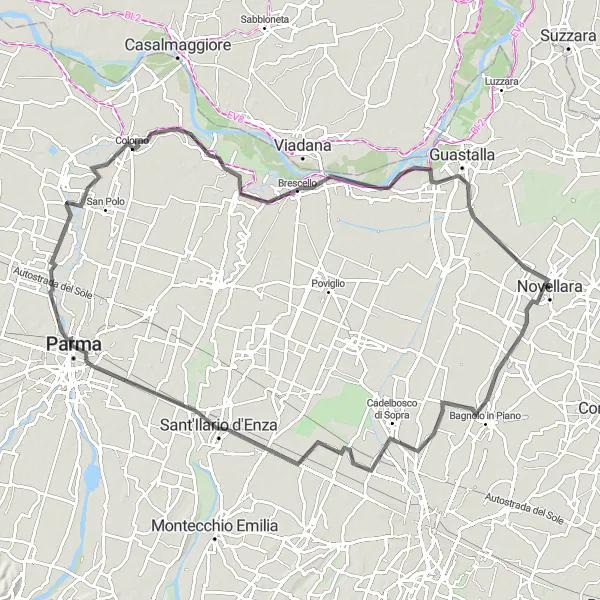 Miniatua del mapa de inspiración ciclista "Ruta de Novellara a San Prospero Parmense" en Emilia-Romagna, Italy. Generado por Tarmacs.app planificador de rutas ciclistas