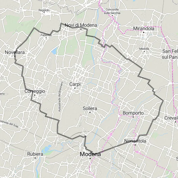Miniaturní mapa "Okružní cyklistická trasa Fabbrico - Novi di Modena - Cavezzo - Nonantola - Campogalliano - Correggio - Baita Alpina" inspirace pro cyklisty v oblasti Emilia-Romagna, Italy. Vytvořeno pomocí plánovače tras Tarmacs.app