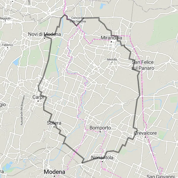 Zemljevid v pomanjšavi "Raznolika kolesarska dogodivščina" kolesarske inspiracije v Emilia-Romagna, Italy. Generirano z načrtovalcem kolesarskih poti Tarmacs.app