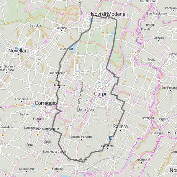 Kartminiatyr av "Historisk Rundtur fra Novi di Modena" sykkelinspirasjon i Emilia-Romagna, Italy. Generert av Tarmacs.app sykkelrutoplanlegger