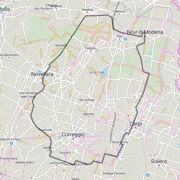 Miniatura della mappa di ispirazione al ciclismo "Giro in bicicletta da Novi di Modena a Rolo" nella regione di Emilia-Romagna, Italy. Generata da Tarmacs.app, pianificatore di rotte ciclistiche