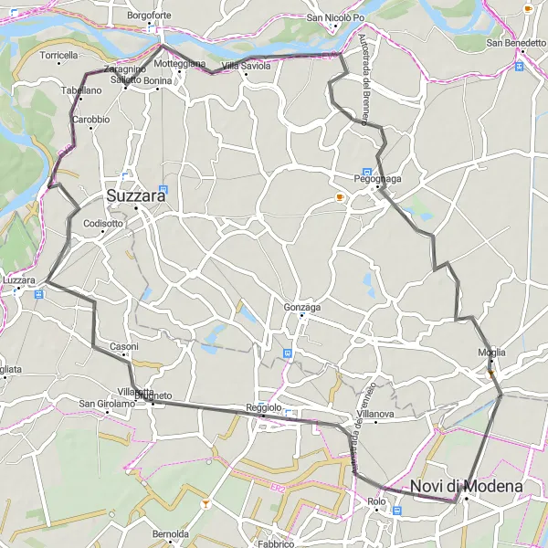 Kartminiatyr av "Reggiolo til Pegognaga Road Bike Route" sykkelinspirasjon i Emilia-Romagna, Italy. Generert av Tarmacs.app sykkelrutoplanlegger