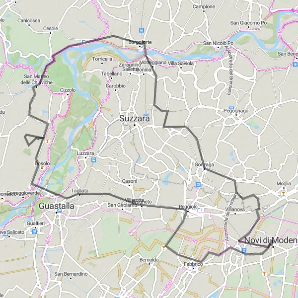 Miniatura della mappa di ispirazione al ciclismo "Tour ciclistico tra Novi di Modena e Borgoforte" nella regione di Emilia-Romagna, Italy. Generata da Tarmacs.app, pianificatore di rotte ciclistiche