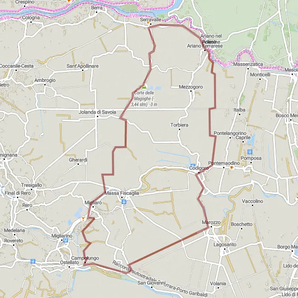 Karttaminiaatyyri "Gravel Bike Tour Migliaro - Codigoro" pyöräilyinspiraatiosta alueella Emilia-Romagna, Italy. Luotu Tarmacs.app pyöräilyreittisuunnittelijalla