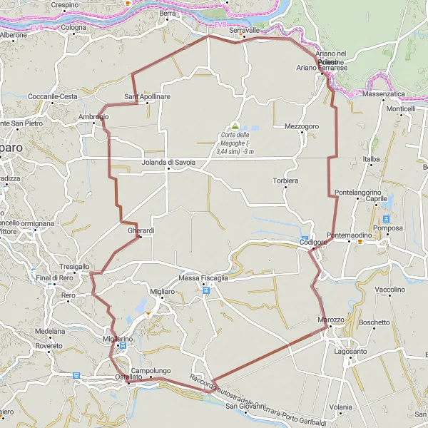 Zemljevid v pomanjšavi "Gravel route from Ostellato" kolesarske inspiracije v Emilia-Romagna, Italy. Generirano z načrtovalcem kolesarskih poti Tarmacs.app
