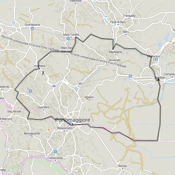 Map miniature of "Portomaggiore and Voghiera Circuit" cycling inspiration in Emilia-Romagna, Italy. Generated by Tarmacs.app cycling route planner