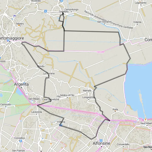 Zemljevid v pomanjšavi "Road route from Ostellato" kolesarske inspiracije v Emilia-Romagna, Italy. Generirano z načrtovalcem kolesarskih poti Tarmacs.app