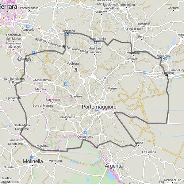 Map miniature of "Portoverrara and Spinazzino Loop" cycling inspiration in Emilia-Romagna, Italy. Generated by Tarmacs.app cycling route planner