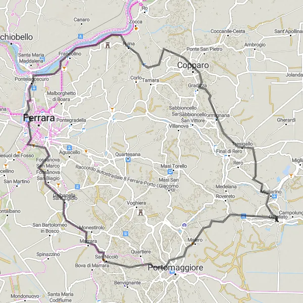 Zemljevid v pomanjšavi "Potepanje po okolici Ostellata" kolesarske inspiracije v Emilia-Romagna, Italy. Generirano z načrtovalcem kolesarskih poti Tarmacs.app