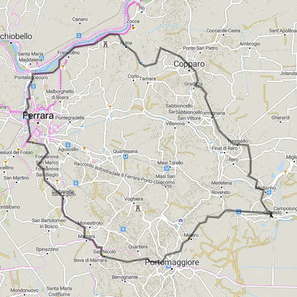 Karttaminiaatyyri "Ostellato - Portomaggiore - Marrara - Pontelagoscuro - Copparo - Tresigallo - Ostellato" pyöräilyinspiraatiosta alueella Emilia-Romagna, Italy. Luotu Tarmacs.app pyöräilyreittisuunnittelijalla