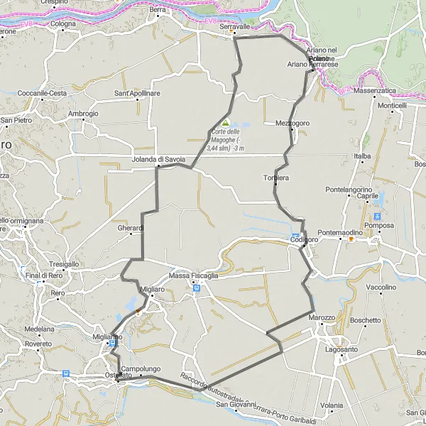 Miniatura mapy "Trasa przez Migliaro i Codigoro" - trasy rowerowej w Emilia-Romagna, Italy. Wygenerowane przez planer tras rowerowych Tarmacs.app