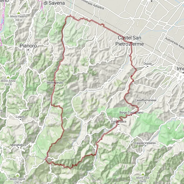 Zemljevid v pomanjšavi "Gravel kolesarska avantura Montaccio" kolesarske inspiracije v Emilia-Romagna, Italy. Generirano z načrtovalcem kolesarskih poti Tarmacs.app