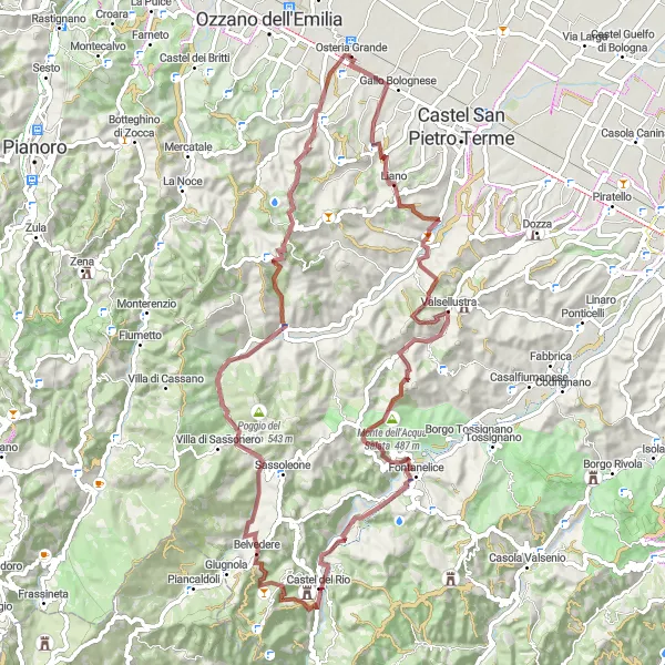 Zemljevid v pomanjšavi "Gravel pot do Monte Calderaro" kolesarske inspiracije v Emilia-Romagna, Italy. Generirano z načrtovalcem kolesarskih poti Tarmacs.app