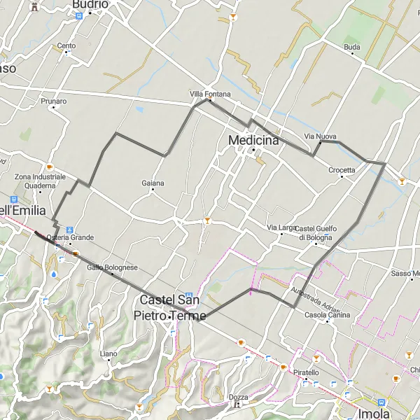 Zemljevid v pomanjšavi "Pot do Castel San Pietro Terme" kolesarske inspiracije v Emilia-Romagna, Italy. Generirano z načrtovalcem kolesarskih poti Tarmacs.app