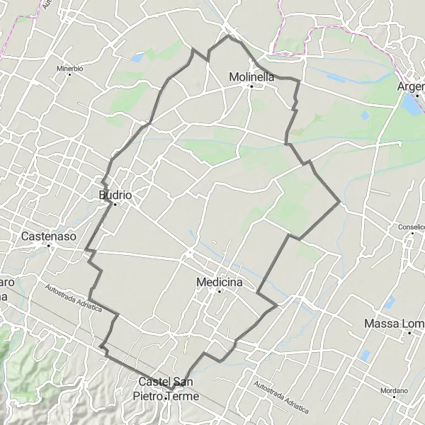 Kartminiatyr av "Rundtur til Ponte Rizzoli og San Pietro Capofiume" sykkelinspirasjon i Emilia-Romagna, Italy. Generert av Tarmacs.app sykkelrutoplanlegger