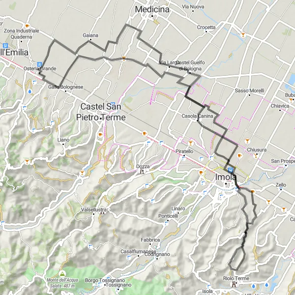 Miniature de la carte de l'inspiration cycliste "Boucle à travers la campagne d'Emilia-Romagna" dans la Emilia-Romagna, Italy. Générée par le planificateur d'itinéraire cycliste Tarmacs.app