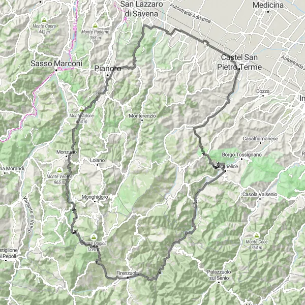 Mapa miniatúra "Výlet na Monte Adone" cyklistická inšpirácia v Emilia-Romagna, Italy. Vygenerované cyklistickým plánovačom trás Tarmacs.app