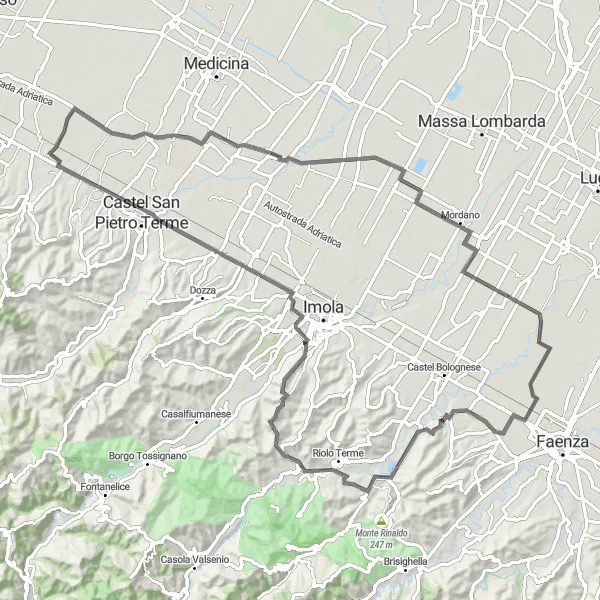 Map miniature of "Sweeping Views Ride" cycling inspiration in Emilia-Romagna, Italy. Generated by Tarmacs.app cycling route planner