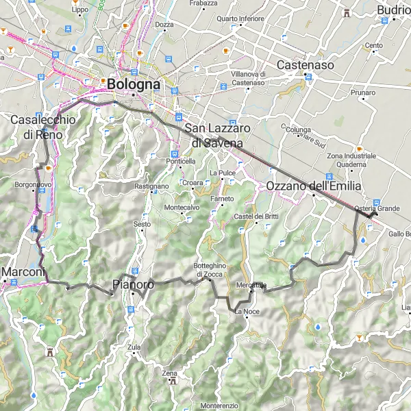 Miniaturekort af cykelinspirationen "Monte Belvedere og Casalecchio di Reno Cykeltur" i Emilia-Romagna, Italy. Genereret af Tarmacs.app cykelruteplanlægger