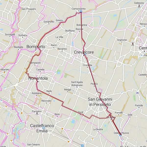 Mapa miniatúra "Gravelový okruh cez Nonantolu" cyklistická inšpirácia v Emilia-Romagna, Italy. Vygenerované cyklistickým plánovačom trás Tarmacs.app