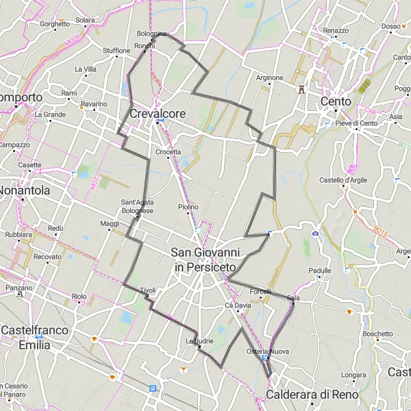 Mapa miniatúra "Cestný okruh blízko Osteria Nuova" cyklistická inšpirácia v Emilia-Romagna, Italy. Vygenerované cyklistickým plánovačom trás Tarmacs.app