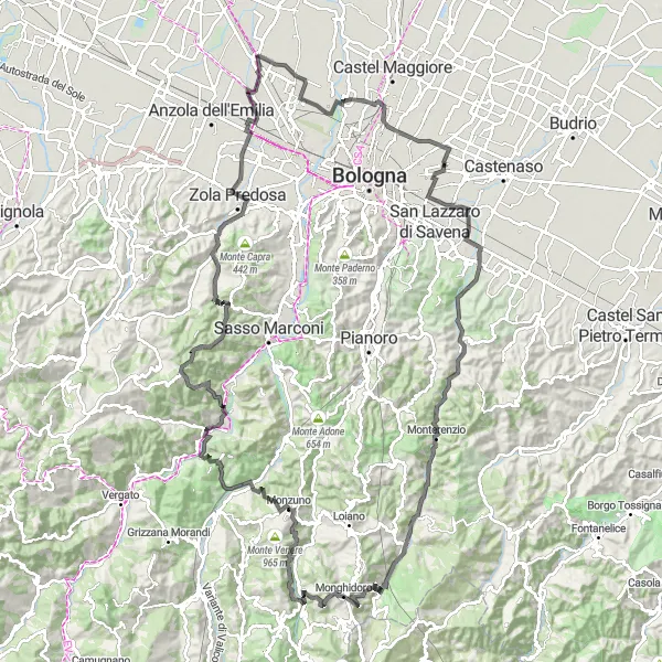 Map miniature of "The Legendary Climbs" cycling inspiration in Emilia-Romagna, Italy. Generated by Tarmacs.app cycling route planner