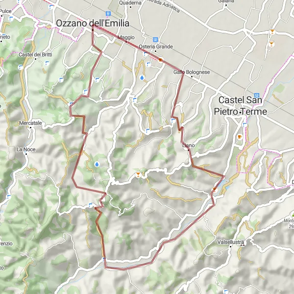 Map miniature of "Gravel Loop with Mountain Views" cycling inspiration in Emilia-Romagna, Italy. Generated by Tarmacs.app cycling route planner