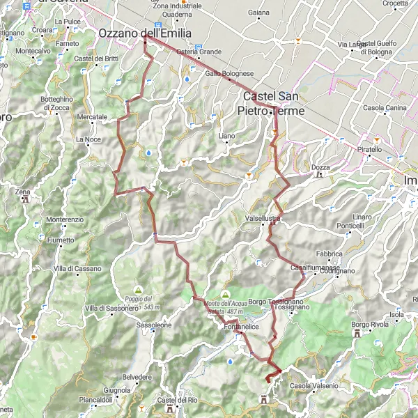 Map miniature of "Scenic Gravel Route to Pieve di Pastino" cycling inspiration in Emilia-Romagna, Italy. Generated by Tarmacs.app cycling route planner