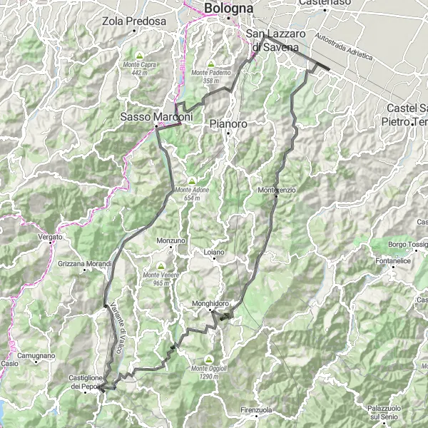 Miniature de la carte de l'inspiration cycliste "Défi des collines entre Ozzano dell'Emilia et San Lazzaro di Savena" dans la Emilia-Romagna, Italy. Générée par le planificateur d'itinéraire cycliste Tarmacs.app