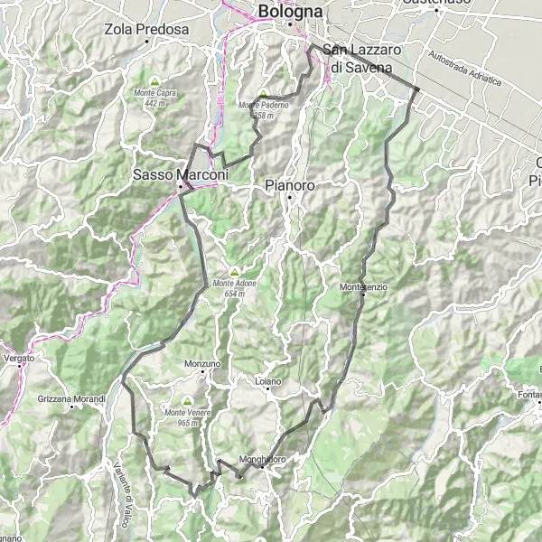 Miniature de la carte de l'inspiration cycliste "Parcours vallonné de Monghidoro à San Lazzaro di Savena" dans la Emilia-Romagna, Italy. Générée par le planificateur d'itinéraire cycliste Tarmacs.app