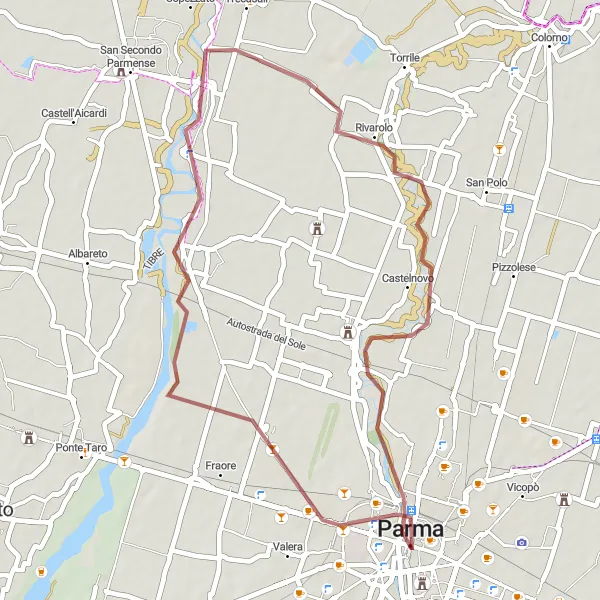 Kartminiatyr av "Grusvägar och pittoreska byar" cykelinspiration i Emilia-Romagna, Italy. Genererad av Tarmacs.app cykelruttplanerare