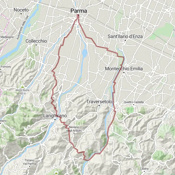 Karttaminiaatyyri "Gravel reitti ympäri Parmaa" pyöräilyinspiraatiosta alueella Emilia-Romagna, Italy. Luotu Tarmacs.app pyöräilyreittisuunnittelijalla