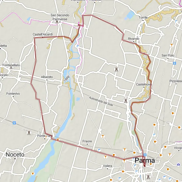 Miniature de la carte de l'inspiration cycliste "Parma-Ponte Taro Gravel Loop" dans la Emilia-Romagna, Italy. Générée par le planificateur d'itinéraire cycliste Tarmacs.app