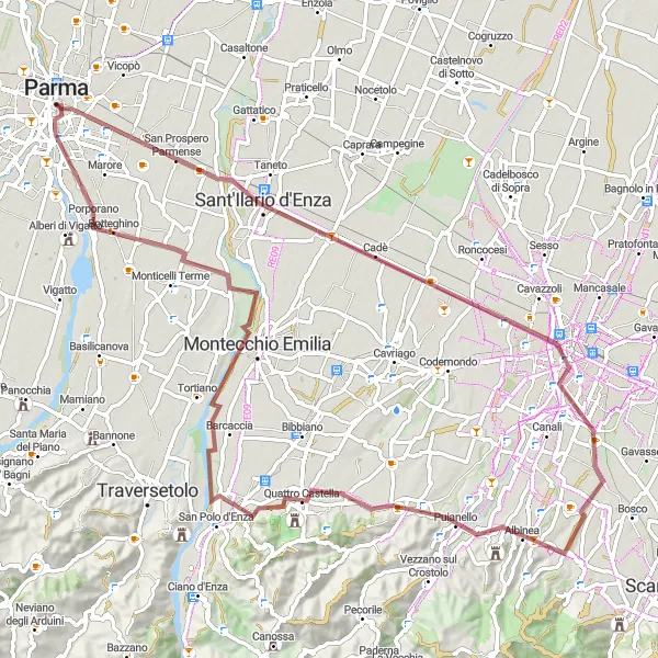 Miniaturní mapa "Gravel od Parma do Porporana" inspirace pro cyklisty v oblasti Emilia-Romagna, Italy. Vytvořeno pomocí plánovače tras Tarmacs.app