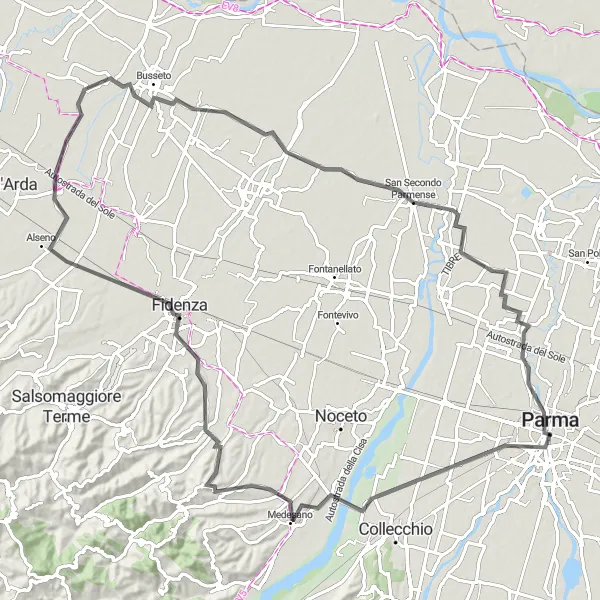 Kartminiatyr av "Kulturarv og Naturopplevelser rundt Parma" sykkelinspirasjon i Emilia-Romagna, Italy. Generert av Tarmacs.app sykkelrutoplanlegger