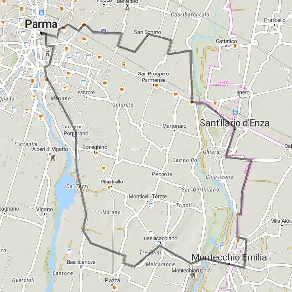 Miniatua del mapa de inspiración ciclista "Ruta de Ciclismo de Carretera desde Parma a Cittadella" en Emilia-Romagna, Italy. Generado por Tarmacs.app planificador de rutas ciclistas