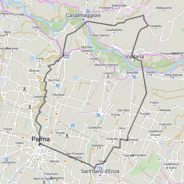 Map miniature of "Parma Colorno Taneto Viadana" cycling inspiration in Emilia-Romagna, Italy. Generated by Tarmacs.app cycling route planner
