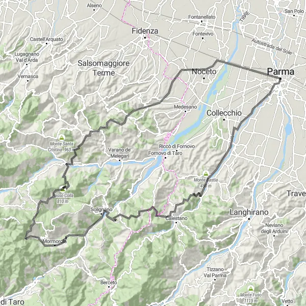 Kartminiatyr av "Oppdag Parma bakken og dalen" sykkelinspirasjon i Emilia-Romagna, Italy. Generert av Tarmacs.app sykkelrutoplanlegger