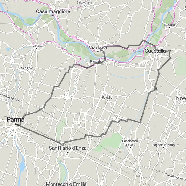 Miniatura della mappa di ispirazione al ciclismo "Alla scoperta delle bellezze nascoste della bassa parmense" nella regione di Emilia-Romagna, Italy. Generata da Tarmacs.app, pianificatore di rotte ciclistiche