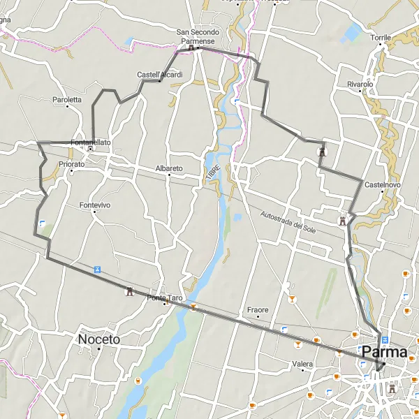 Miniatua del mapa de inspiración ciclista "Ruta en Carretera por Ponte Taro y Fontanellato" en Emilia-Romagna, Italy. Generado por Tarmacs.app planificador de rutas ciclistas