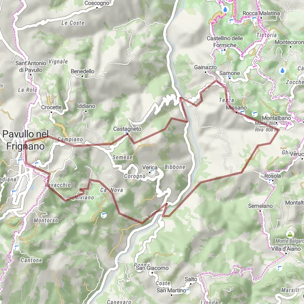 Miniatua del mapa de inspiración ciclista "Ruta de las montañas de Emilia" en Emilia-Romagna, Italy. Generado por Tarmacs.app planificador de rutas ciclistas