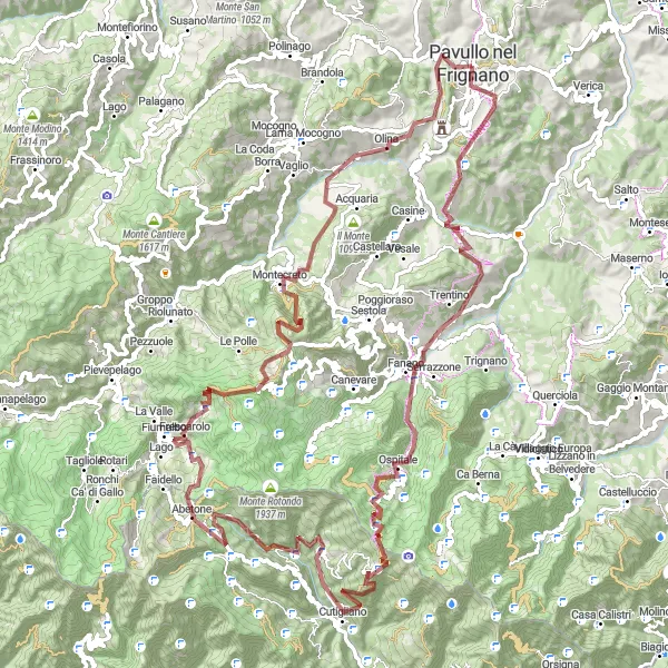 Map miniature of "Gravel Adventure: Monte Cimone Loop" cycling inspiration in Emilia-Romagna, Italy. Generated by Tarmacs.app cycling route planner