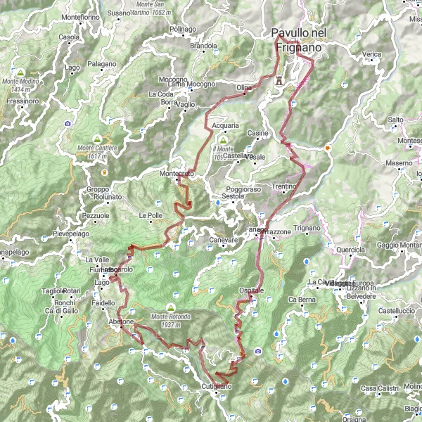 Zemljevid v pomanjšavi "Gorskokolesarska avantura Montemaramagno - Pavullo nel Frignano" kolesarske inspiracije v Emilia-Romagna, Italy. Generirano z načrtovalcem kolesarskih poti Tarmacs.app