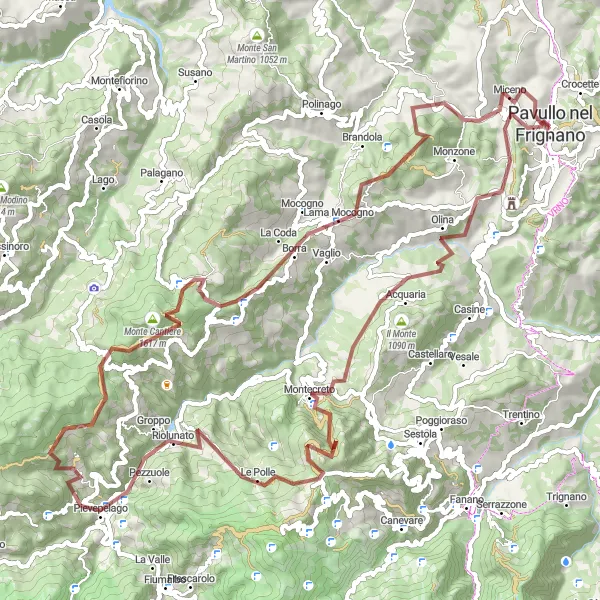 Miniatura della mappa di ispirazione al ciclismo "Tour in gravel verso Monte Cervarola" nella regione di Emilia-Romagna, Italy. Generata da Tarmacs.app, pianificatore di rotte ciclistiche