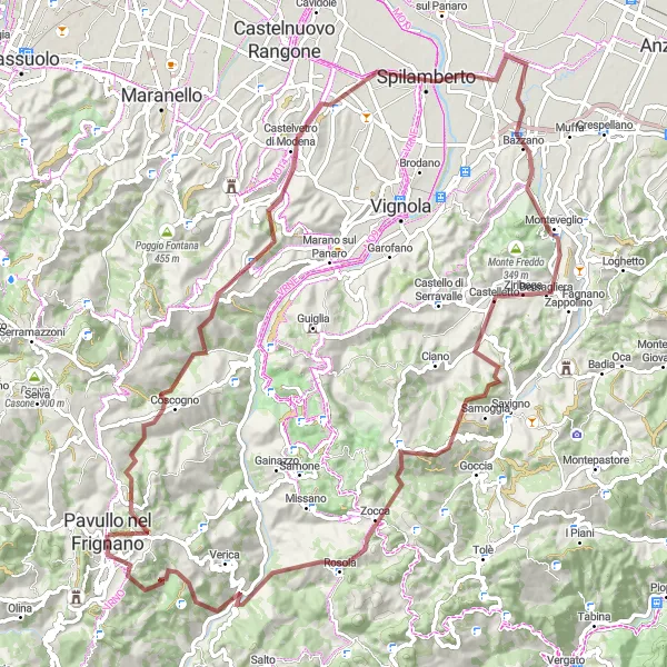 Map miniature of "Gravel adventure from Pavullo nel Frignano" cycling inspiration in Emilia-Romagna, Italy. Generated by Tarmacs.app cycling route planner